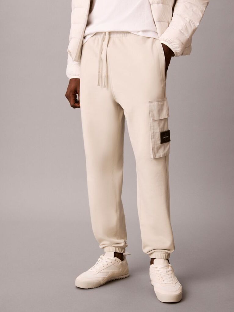 Beige Cotton Terry Cargo Joggers  Men