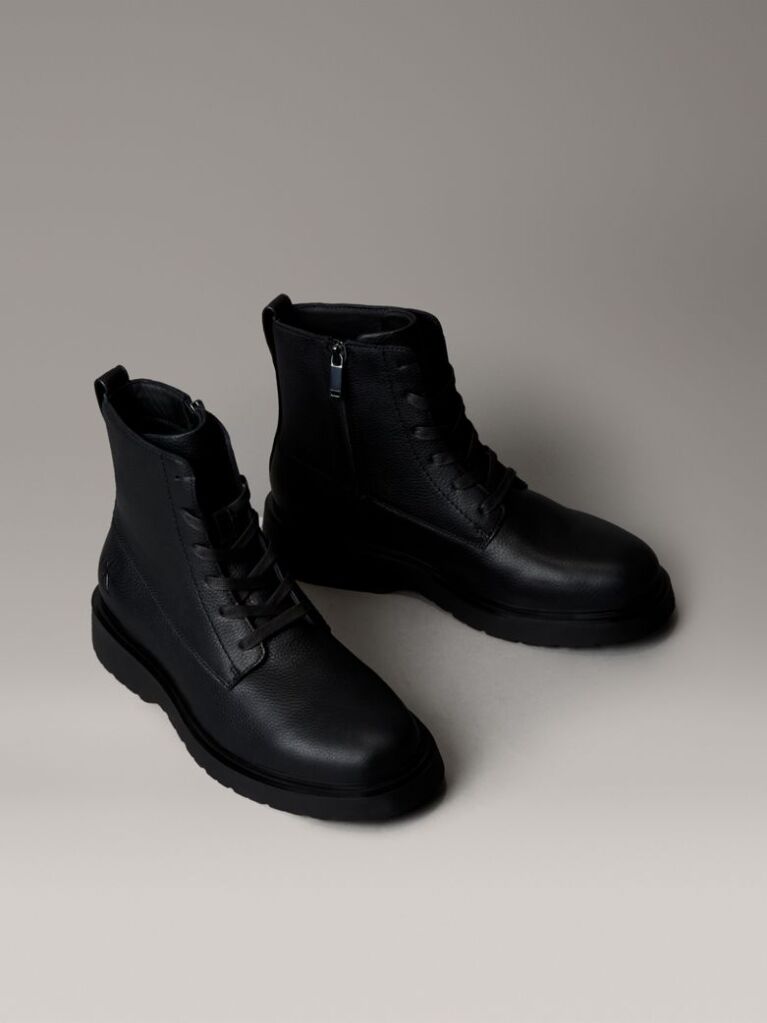 Black Tumbled Leather Lace-Up Zip Boots  Men