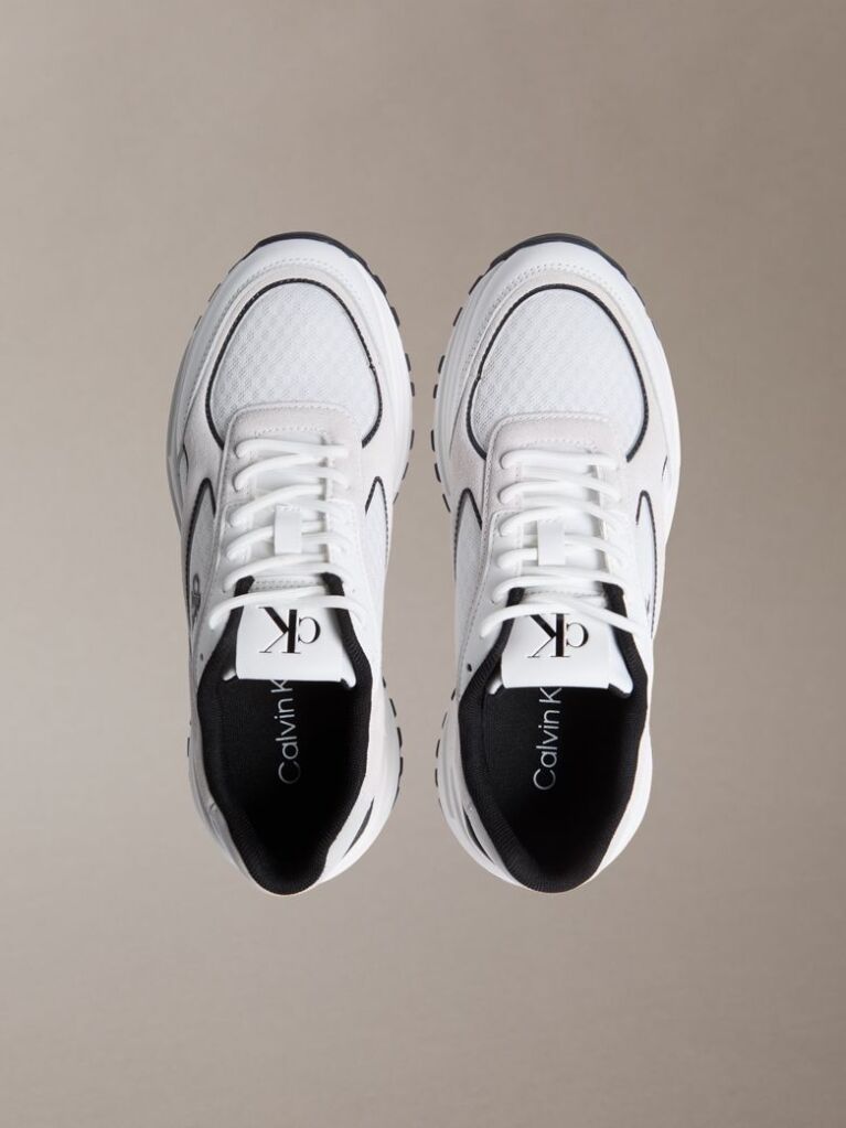 White Leather and Breathable Mesh Trainers  Men