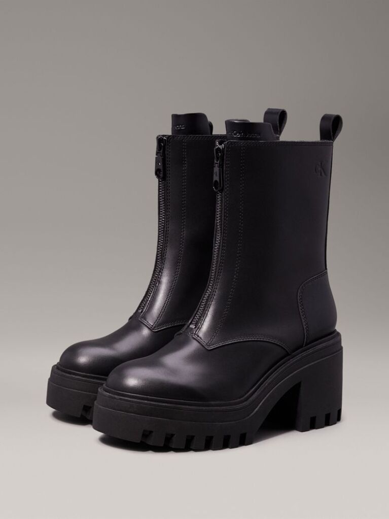 Black Leather Chunky Heeled Boots  Women