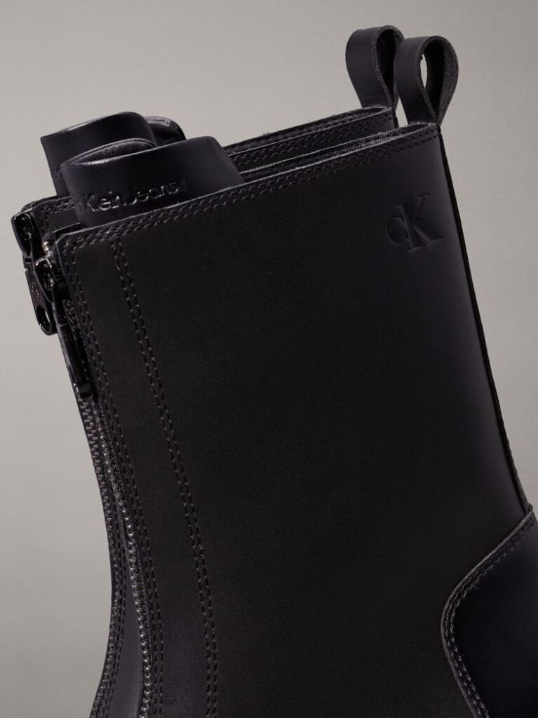 Black Leather Chunky Heeled Boots  Women