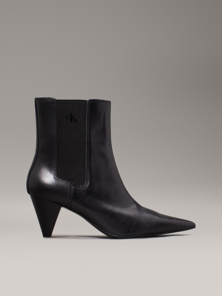 Black Leather Cone Heel Chelsea Boots  Women