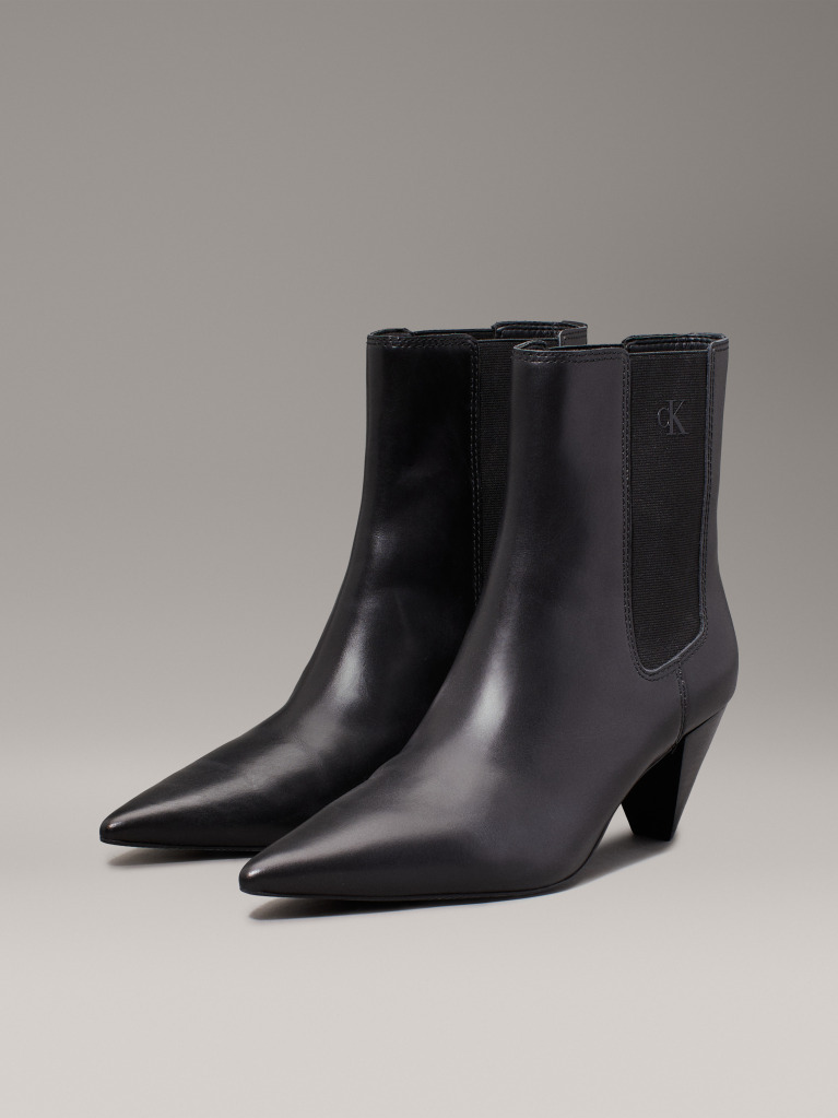 Black Leather Cone Heel Chelsea Boots  Women