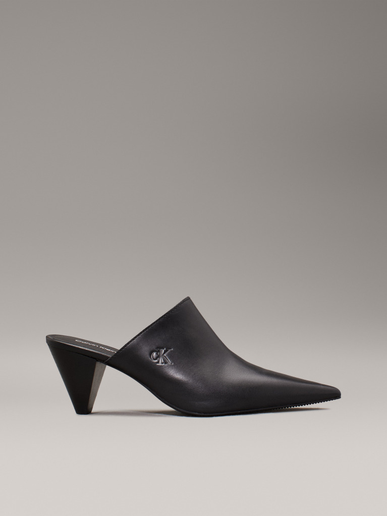 Black Leather Cone Heel Mules  Women