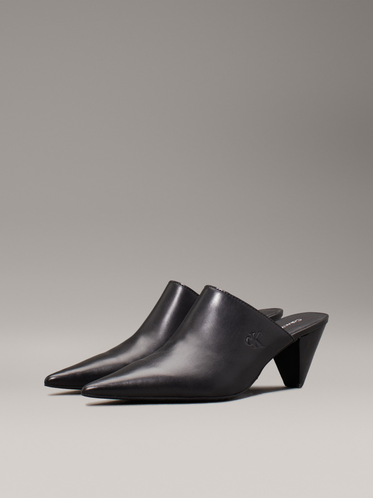 Black Leather Cone Heel Mules  Women