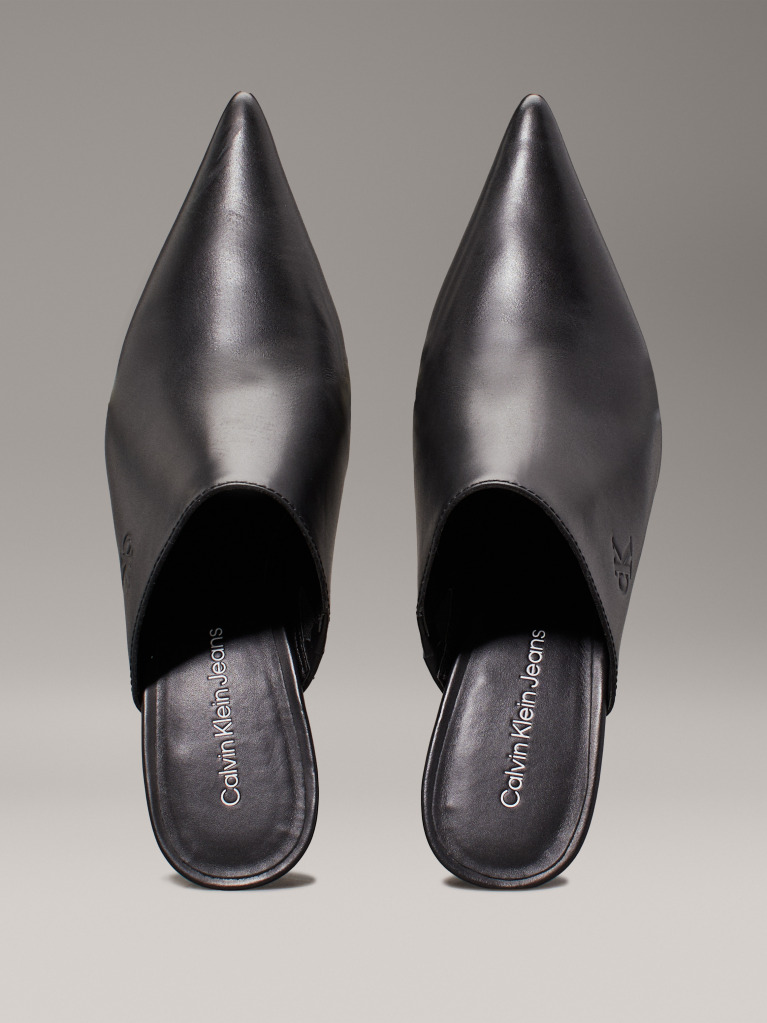 Black Leather Cone Heel Mules  Women