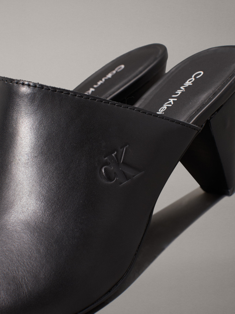 Black Leather Cone Heel Mules  Women
