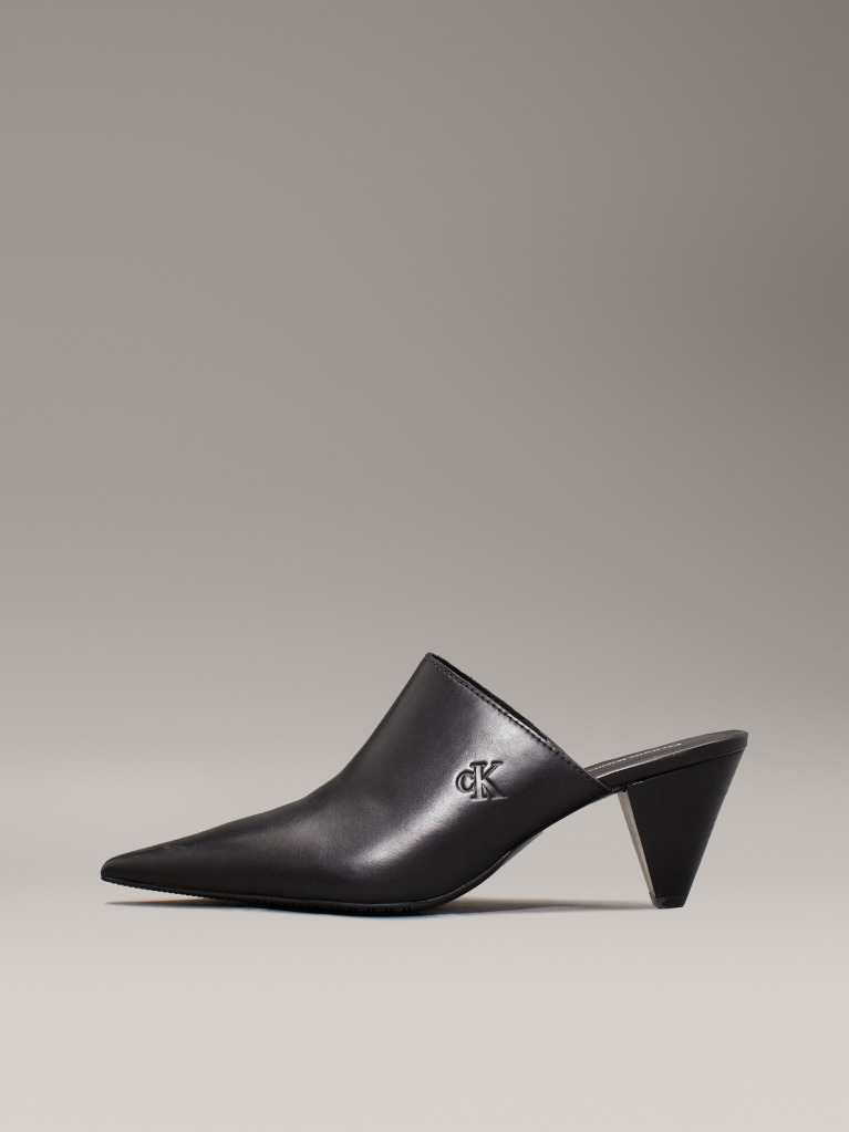 Black Leather Cone Heel Mules  Women