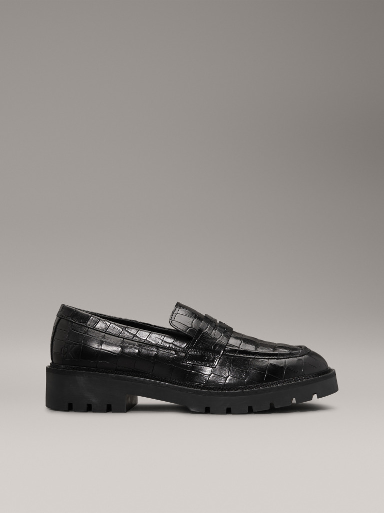 Black Crocodile Leather Platform Loafers  Women