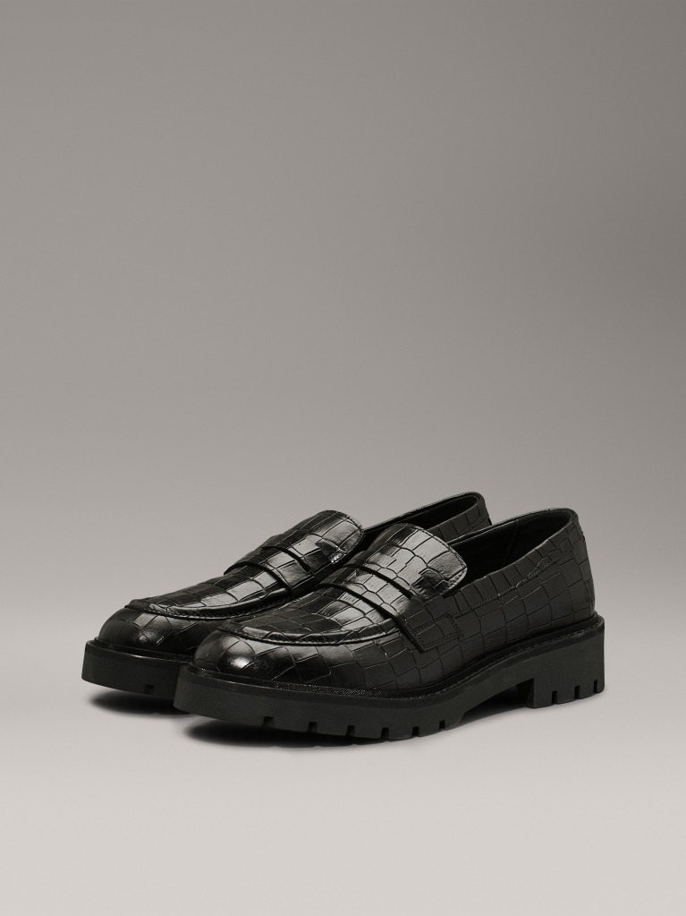 Black Crocodile Leather Platform Loafers  Women