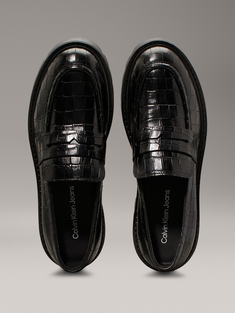 Black Crocodile Leather Platform Loafers  Women