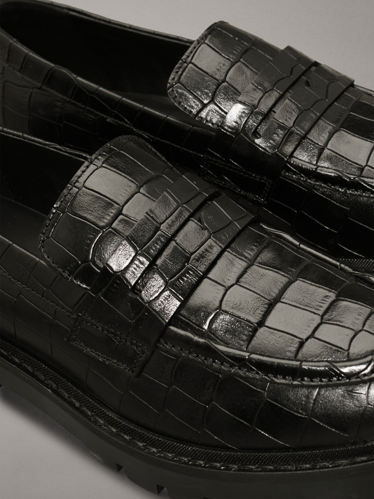 Black Crocodile Leather Platform Loafers  Women