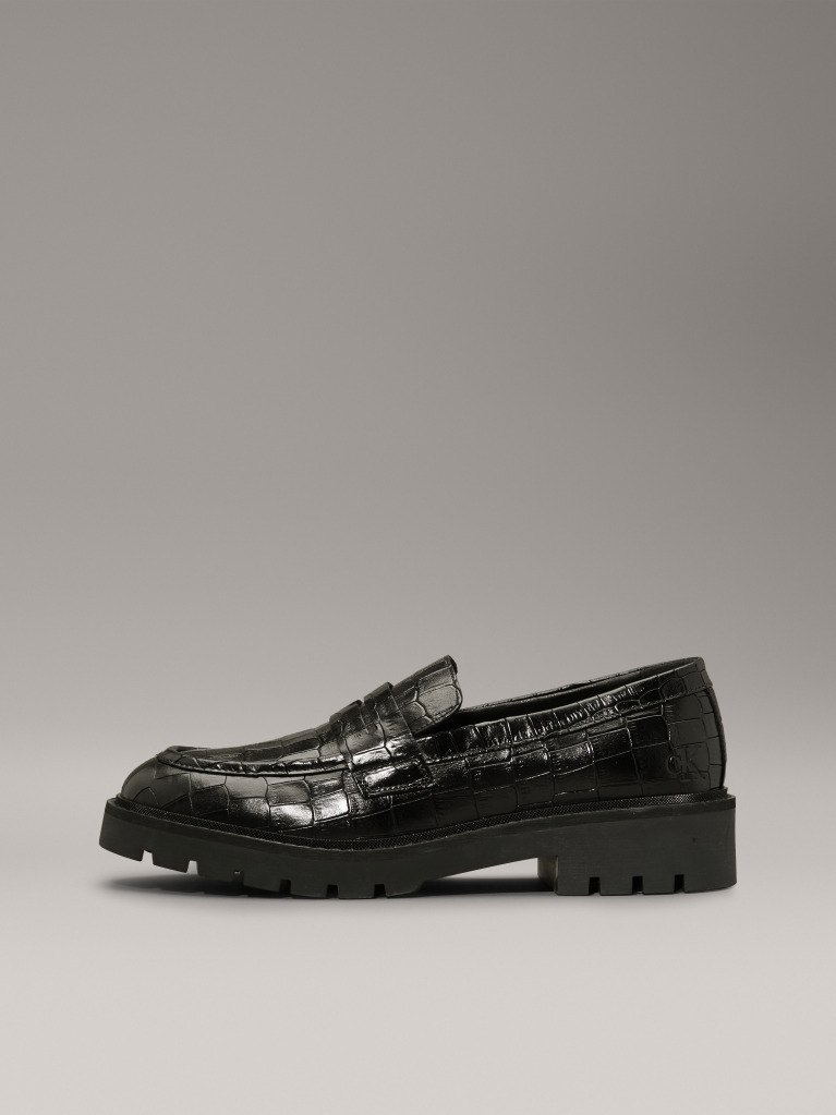 Black Crocodile Leather Platform Loafers  Women