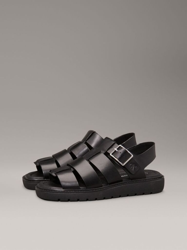 Black Leather Fisherman Sandals  Women