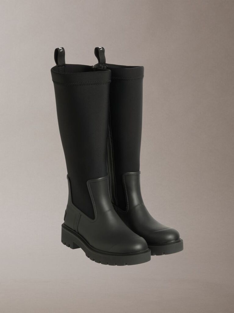 Black Tall Heeled Flexible Lug Sole Rainboots  Women