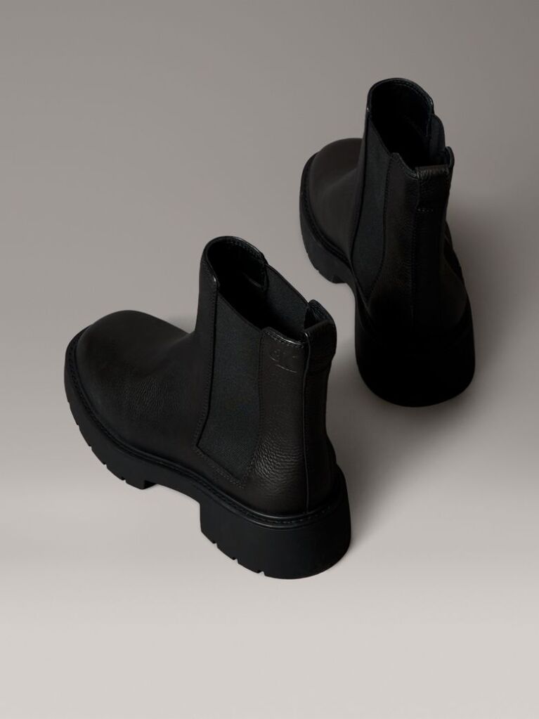 Black Leather Chunky Square Toe Chelsea Boots  Women