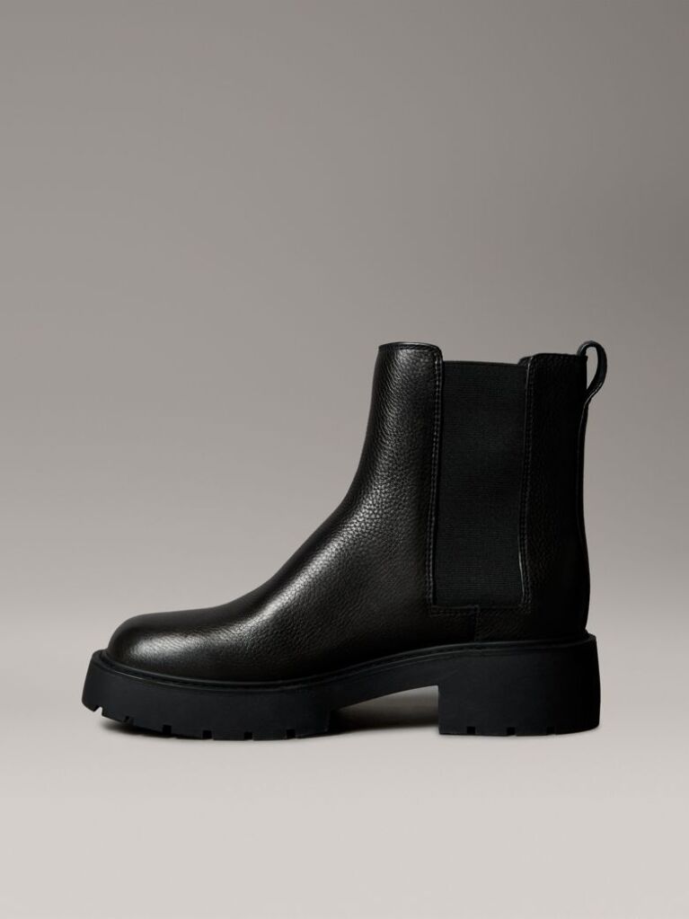 Black Leather Chunky Square Toe Chelsea Boots  Women
